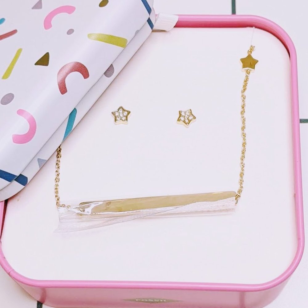 Fossil Gold Toned Stainless Steel Star Earrings and Bar Necklace Gift Set in Tin